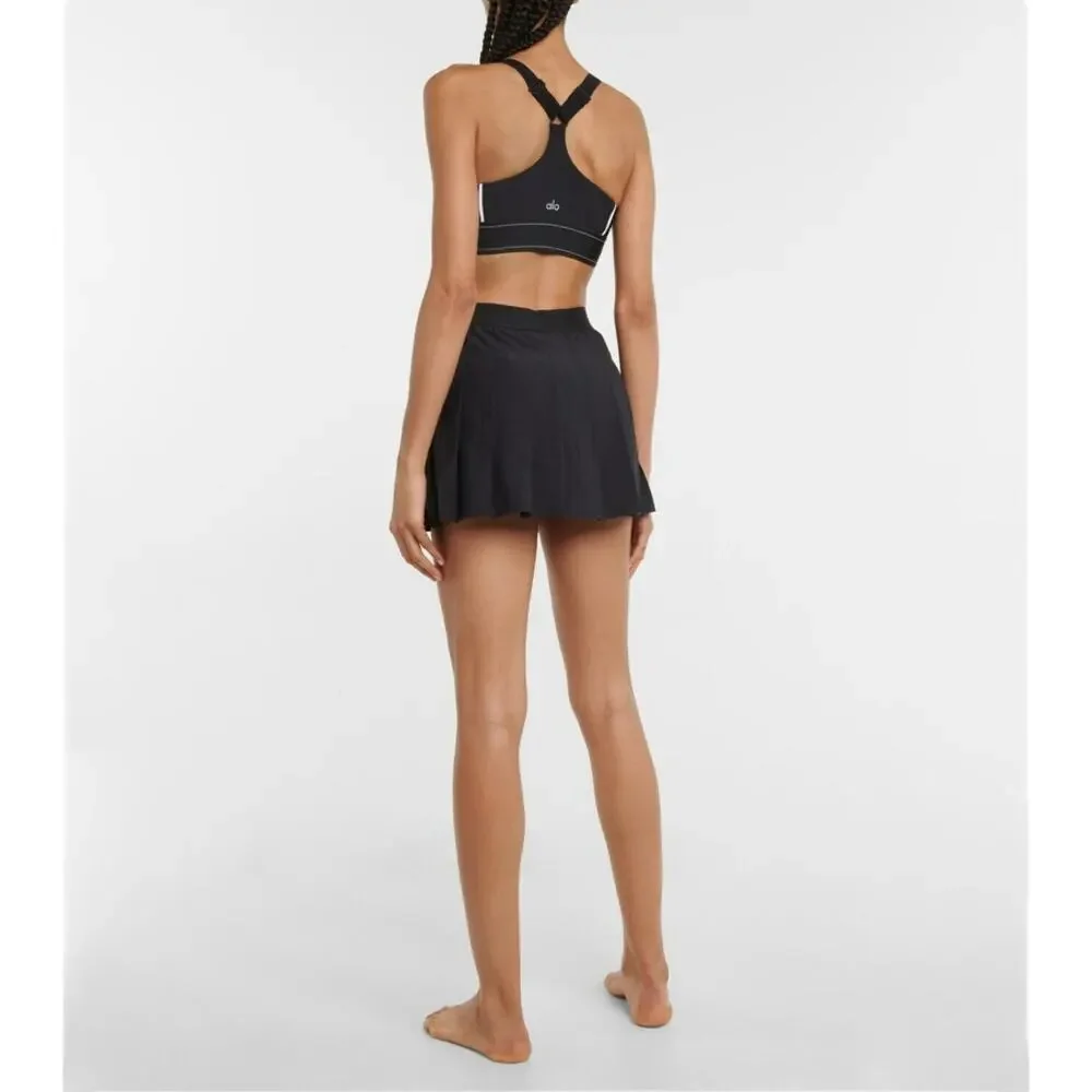 Alo Yoga Varsity Tennis Skirt Small Black Pleated Athletic Preppy Sporty Active